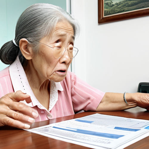 Home 11 A concerned elderly woman being offered a glass of water while reviewing a high water bill with a 지방행정사 in a bright office. The woman appears relieved after the issue is resolved.