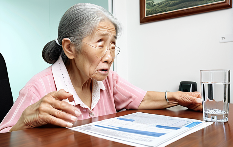 A concerned elderly woman being offered a glass of water while reviewing a high water bill with a 지방행정사 in a bright office. The woman appears relieved after the issue is resolved.